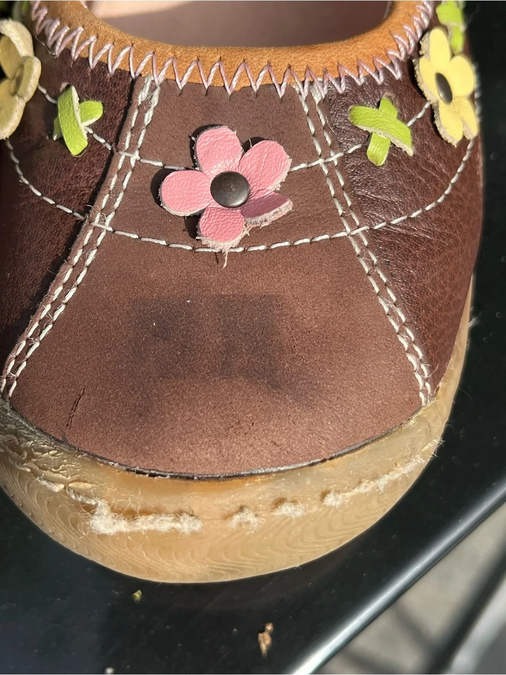 Umi Praline Brown Mary Jane Shoes with Pink& Yellow Flower Accents size 32/US 1